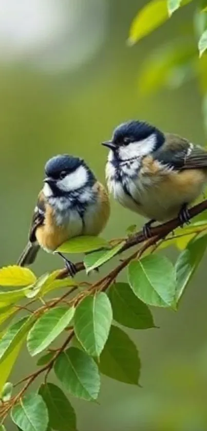 Two small birds perched on a green leafy branch.