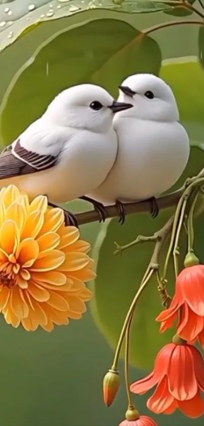 Two white birds perched on a floral branch with colorful flowers.