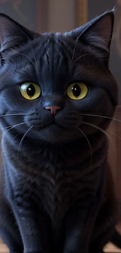 A cute black cat with yellow eyes, sitting indoors.