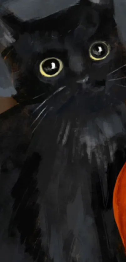 Charming illustration of a black cat with big eyes and an orange pumpkin.