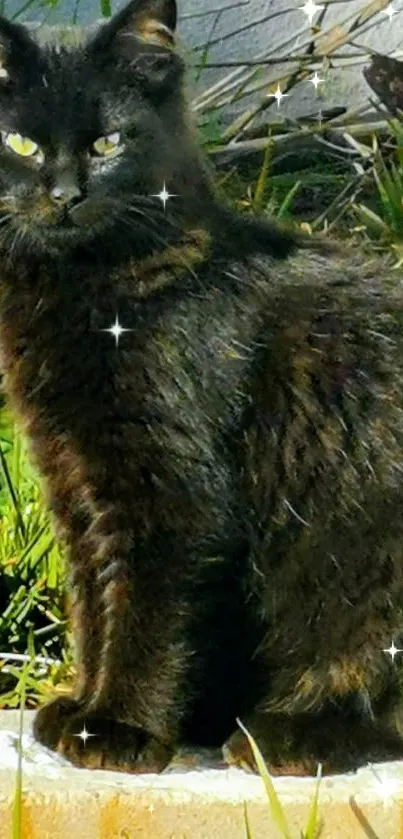 Black cat sitting on stone with green grass background.