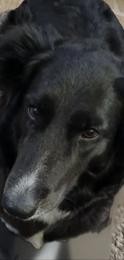 Close-up of a fluffy black dog with expressive eyes on a cozy background.