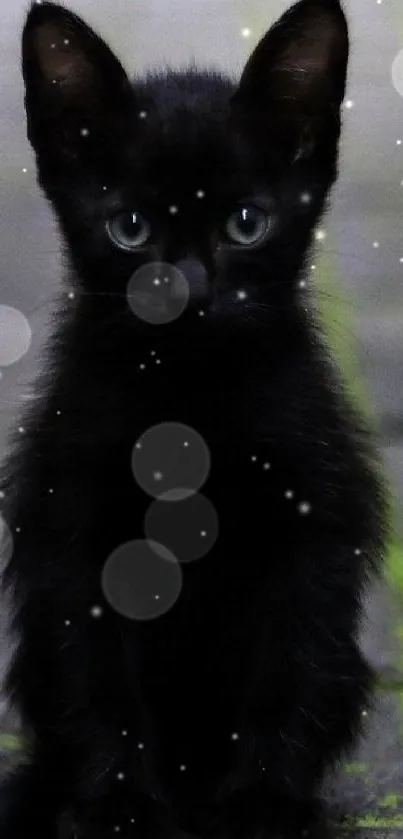 Black kitten on mossy stone path mobile wallpaper.