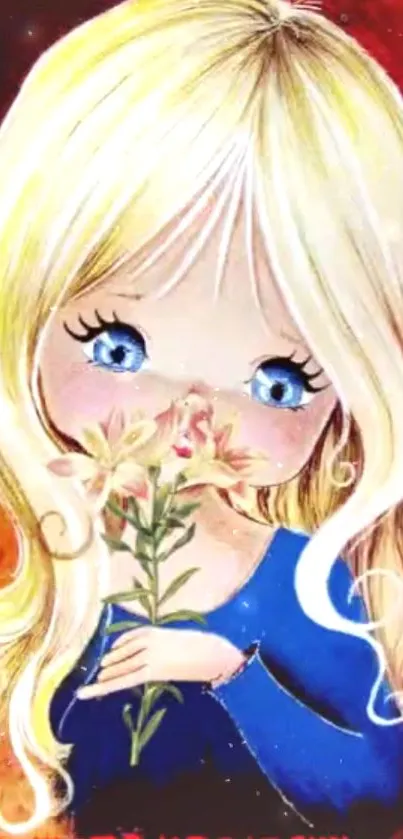 Charming cartoon of a blonde girl holding flowers.