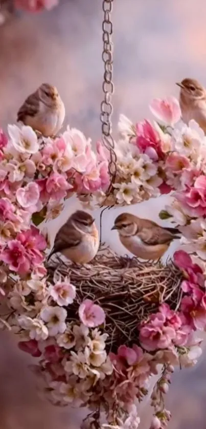 Heart-shaped floral arrangement with birds nestled.