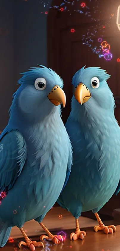 Two charming blue birds in a cozy setting, perfect for mobile wallpaper.