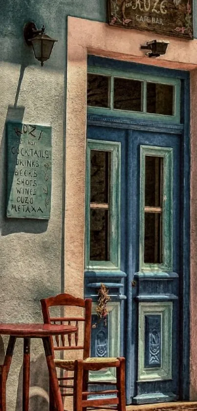 Rustic blue cafe entrance with chairs outside.