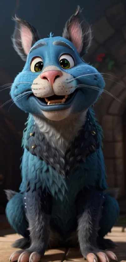 A cheerful blue cartoon cat sitting in a cozy room, with a fireplace in the background.