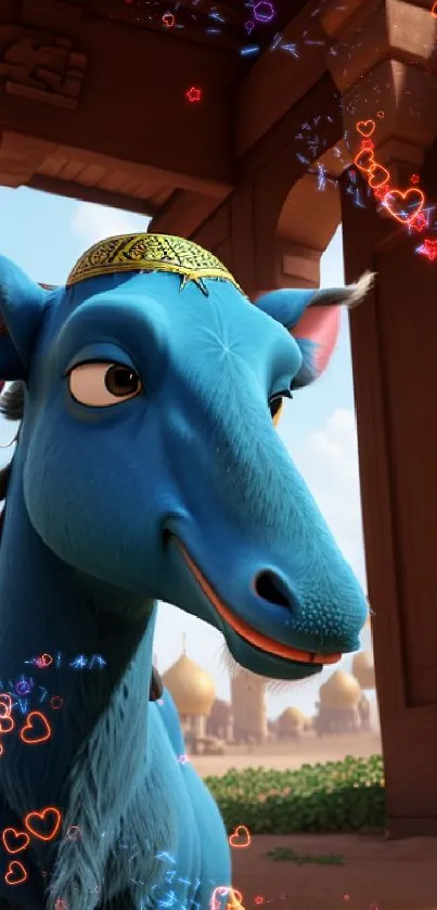 Charming blue cartoon character in an exotic, animated setting.