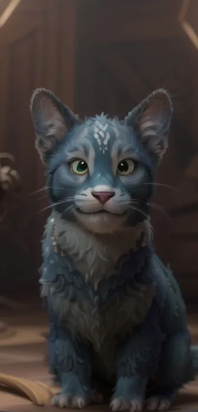 Whimsical blue cat in a fantasy art setting for mobile wallpaper.