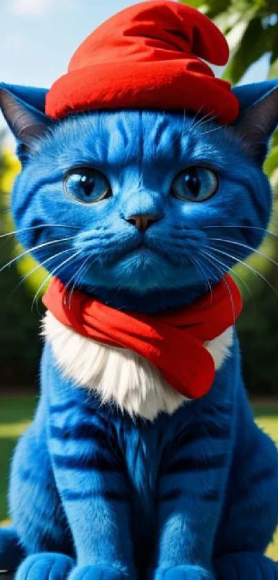 Blue cat wearing a red hat and scarf, sitting outdoors.