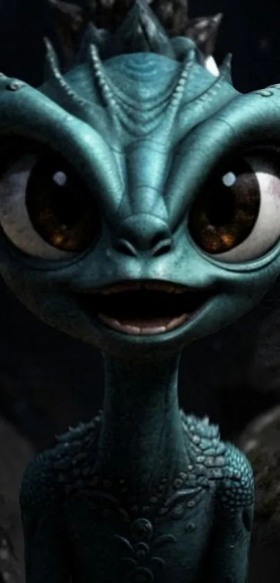 Blue fantasy creature with large eyes against a dark background.