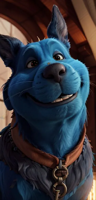 Charming blue animated dog smiling brightly in a room.