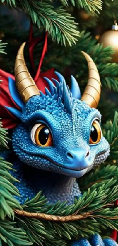 Charming blue dragon in Christmas tree branches with golden ornaments.