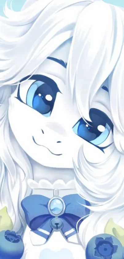 Cute character with blue eyes and pale blue background.