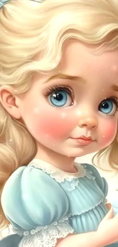 Wallpaper of a cute blonde doll with blue eyes in a pastel blue dress.