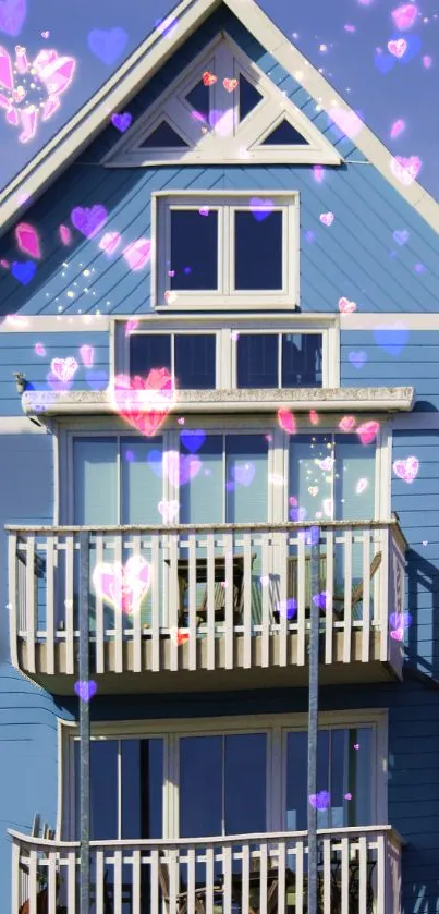 A blue house with heart overlays, ideal for a romantic wallpaper.