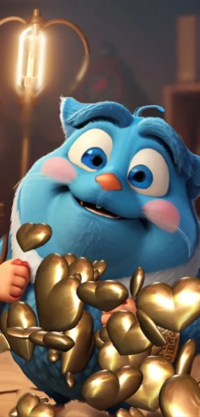 Blue cartoon creature holding golden hearts in a playful wallpaper design.