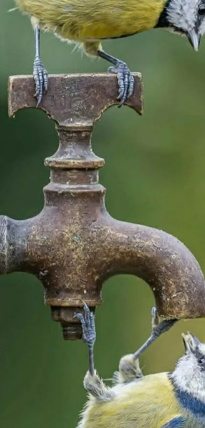 Two blue tits perched on an old faucet against a green background.