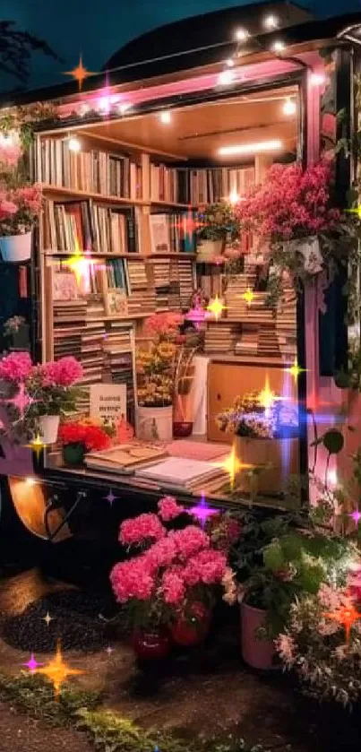 Enchanted mobile library with books and pink flowers at night.