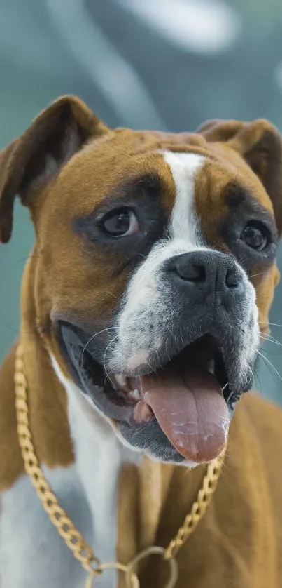 Boxer dog with chain in front of leafy background.