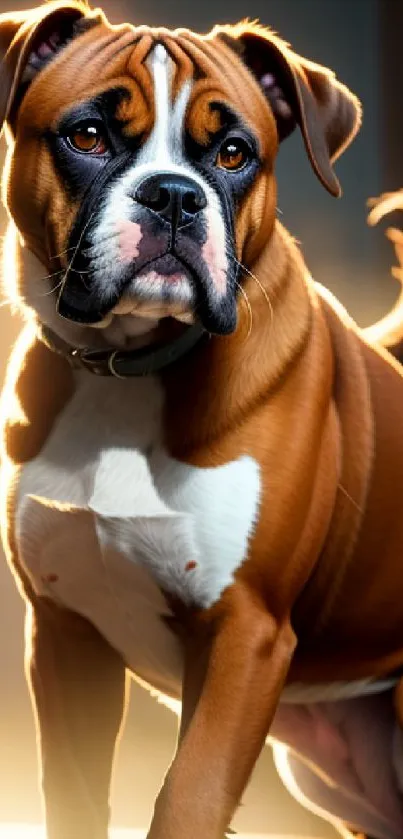 Charming boxer dog posing in soft backlight for wallpaper.