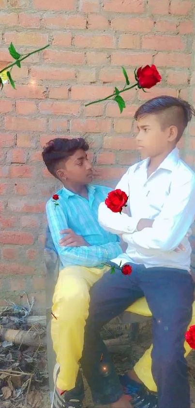 Two boys sitting against a brick wall with red roses.