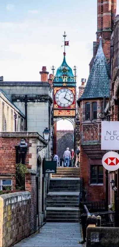 Charming brick alley featuring a historic clock tower and urban architecture.