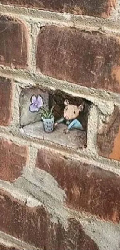 Mouse and flower mural painted in a brick wall.