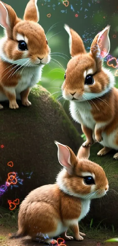 Three adorable brown bunnies on mossy rocks in a forest setting.