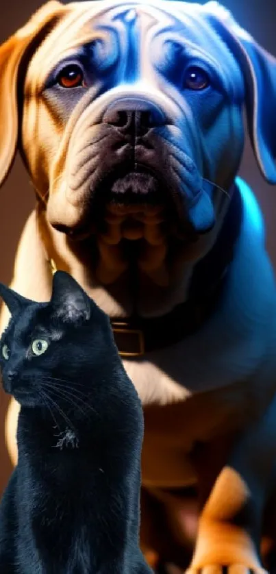 Charming wallpaper of a bulldog and cat duo with a vibrant brown background.