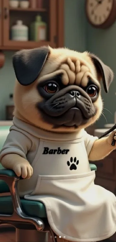 Cute bulldog dressed as a barber holding scissors.