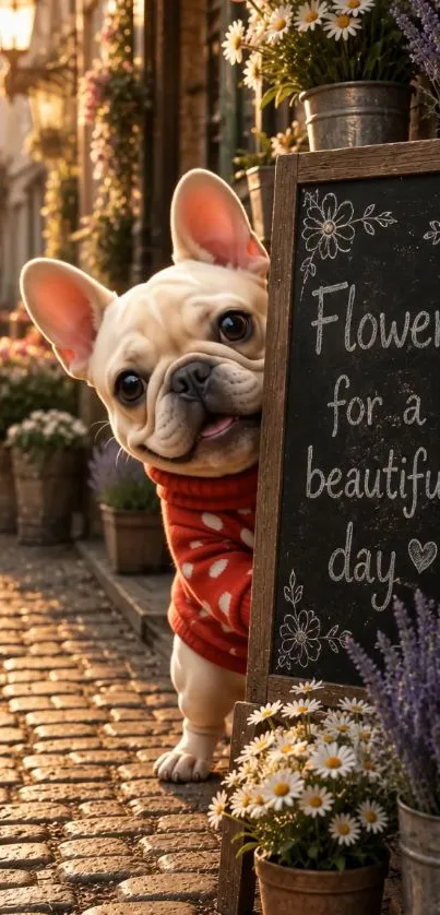 A cute bulldog beside a chalkboard with flowers in a picturesque street.