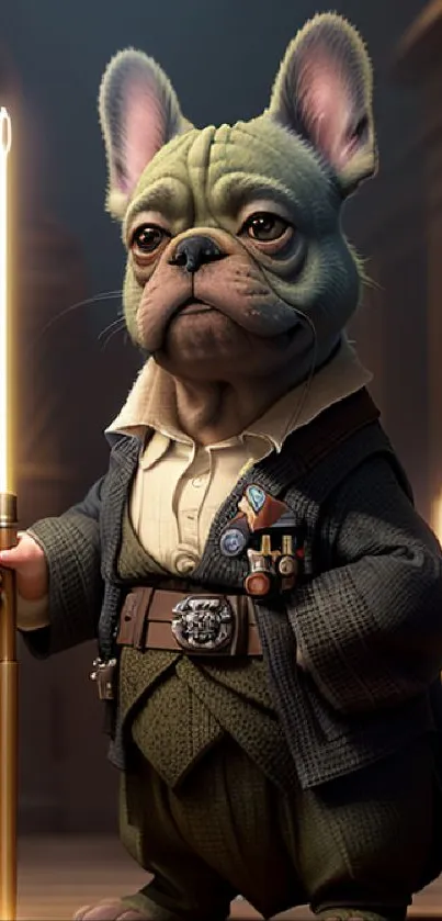 Detailed art of a bulldog in formal wear holding a staff, set in a fantasy background.