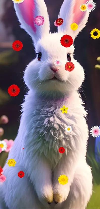 White bunny with Easter eggs and flowers in a colorful spring scene.