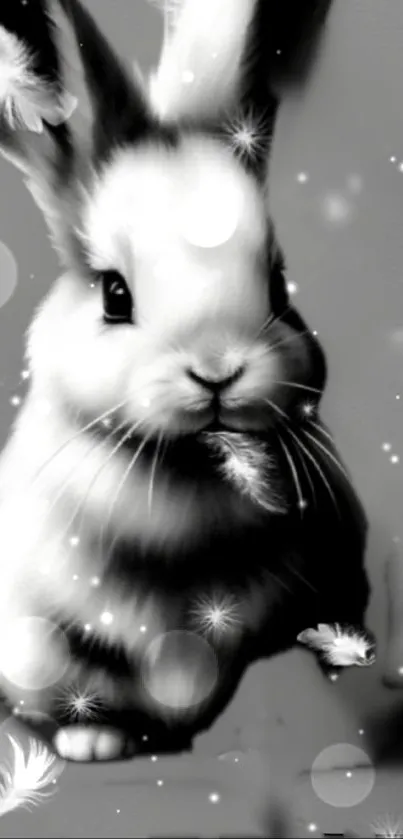 Black and white bunny with floating feathers creating a magical effect.