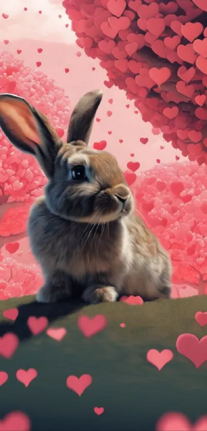 Adorable bunny with pink heart trees wallpaper.