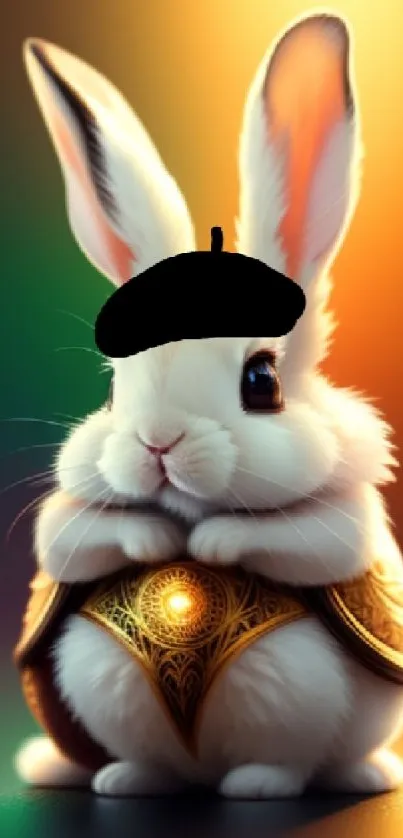 Cute bunny in armor with vibrant background.