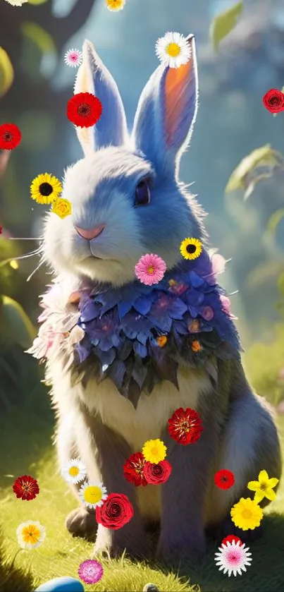 Adorable fluffy bunny in enchanted forest setting.