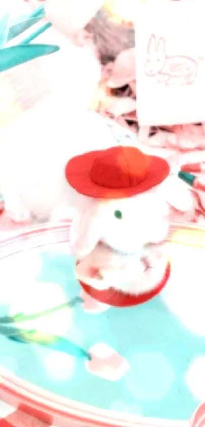 Cute bunny with red hat on mirror.