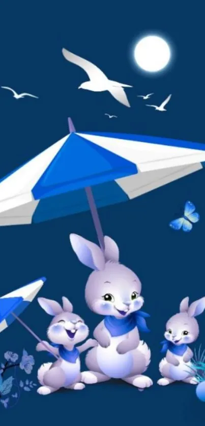 Bunnies under an umbrella with a dark blue night sky.