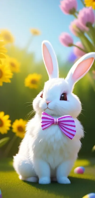 Adorable bunny with flowers and eggs in a vibrant spring setting.