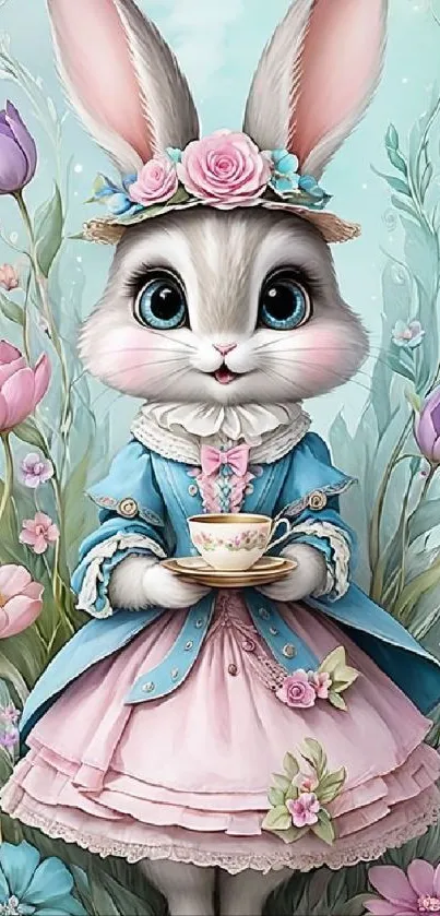 Charming bunny holding a teacup, wearing vintage dress, surrounded by flowers.