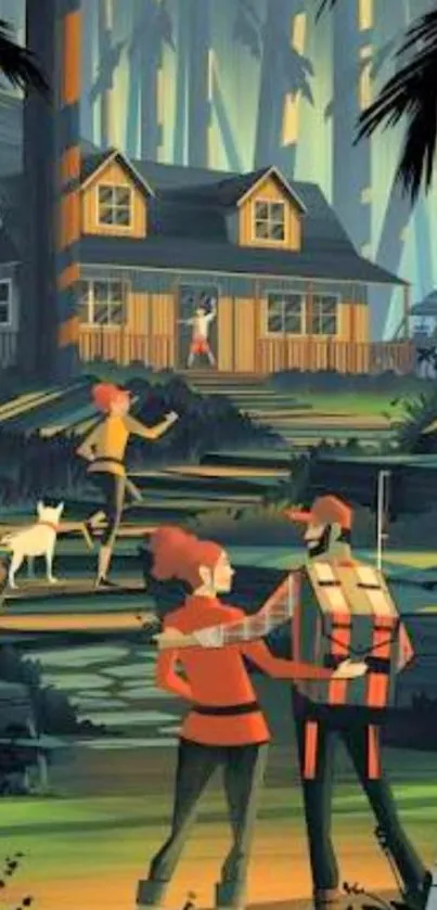 Illustrated cabin in the forest with people and a dog.