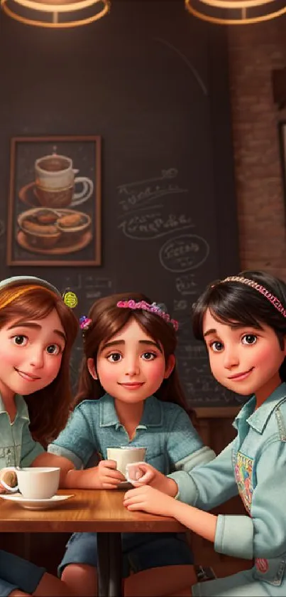 Animated friends in cozy café enjoying coffee.