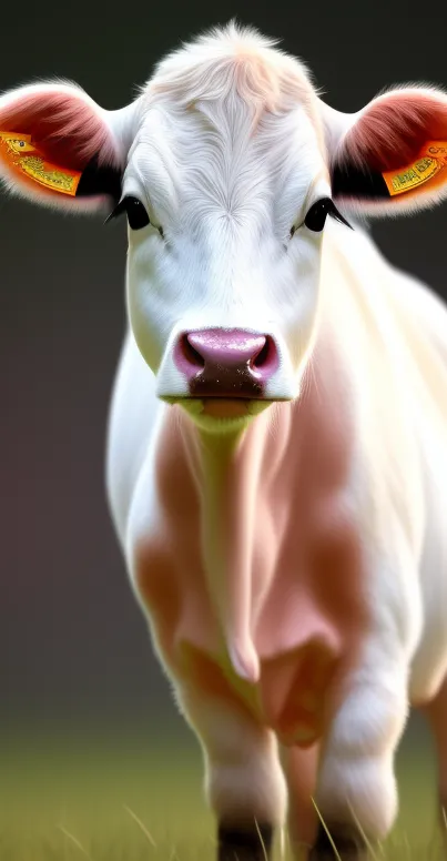 Charming white calf standing calmly on a natural backdrop.