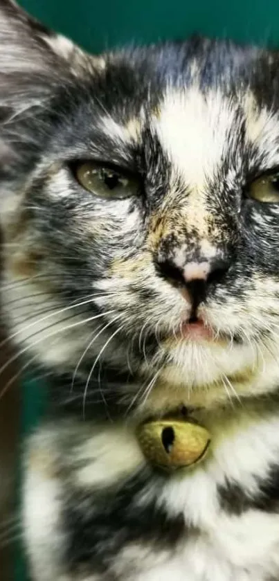 Close-up of a charming calico cat with striking eyes, perfect for a mobile screen.