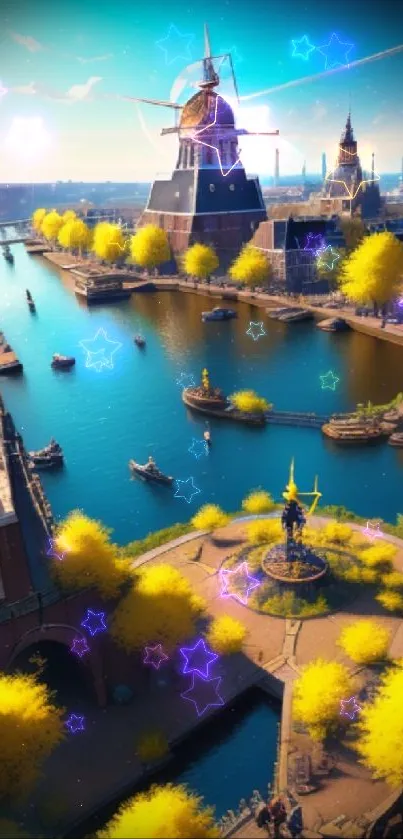 Tranquil canal cityscape with yellow trees and blue skies.