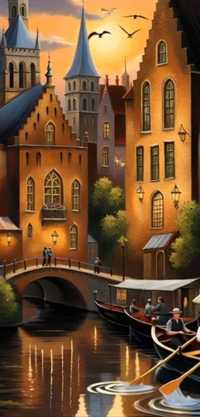 Charming cityscape with canals and historic architecture in sunset lighting.