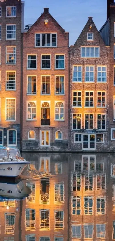 Beautiful canal houses reflected on still water at dusk.